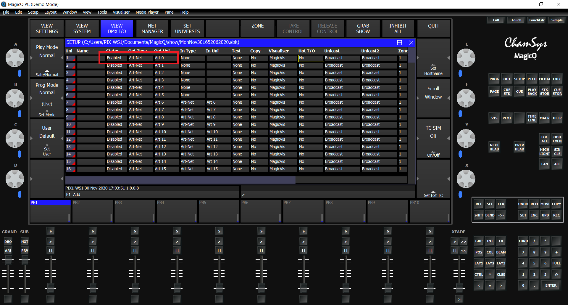 Picture2: MagicQ ArtNet DMX output universes setup