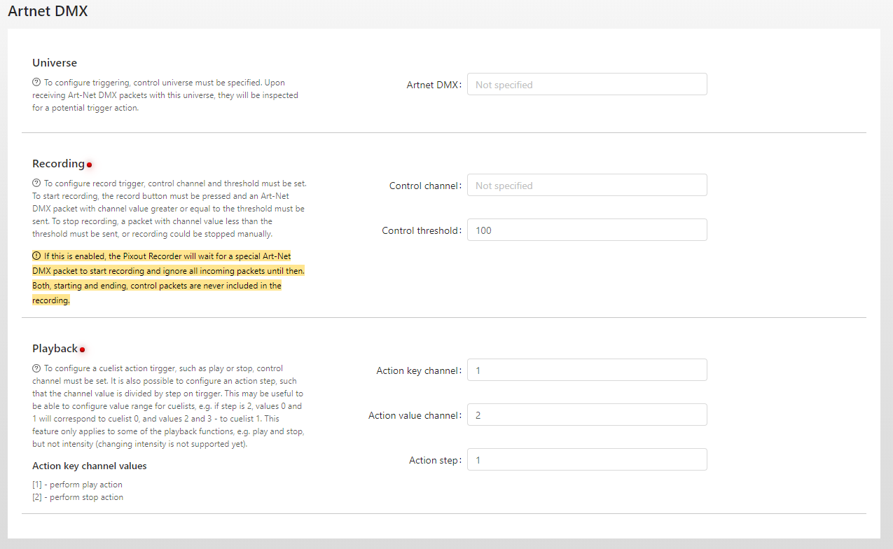 ArtNet DMX playback settings