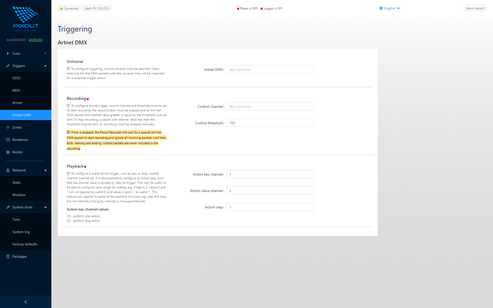 ArtNet DMX recording settings