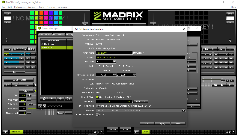Madrix ArtNet device configuration