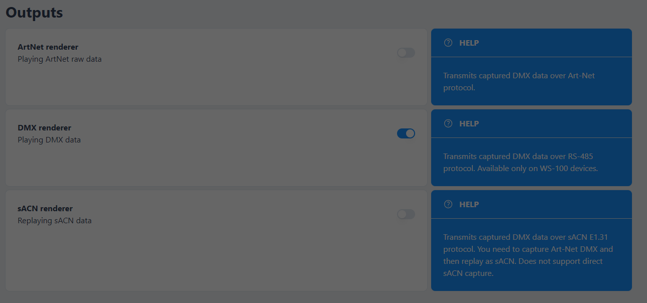 Outputs configuration page