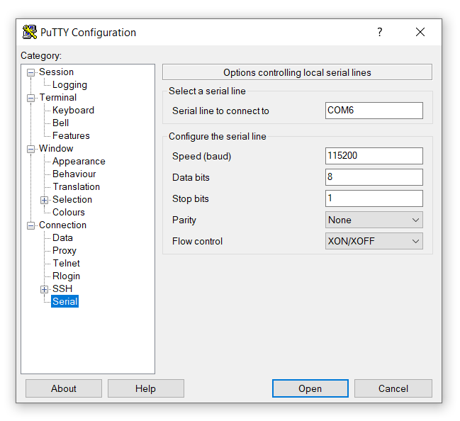 PuTTY serial settings