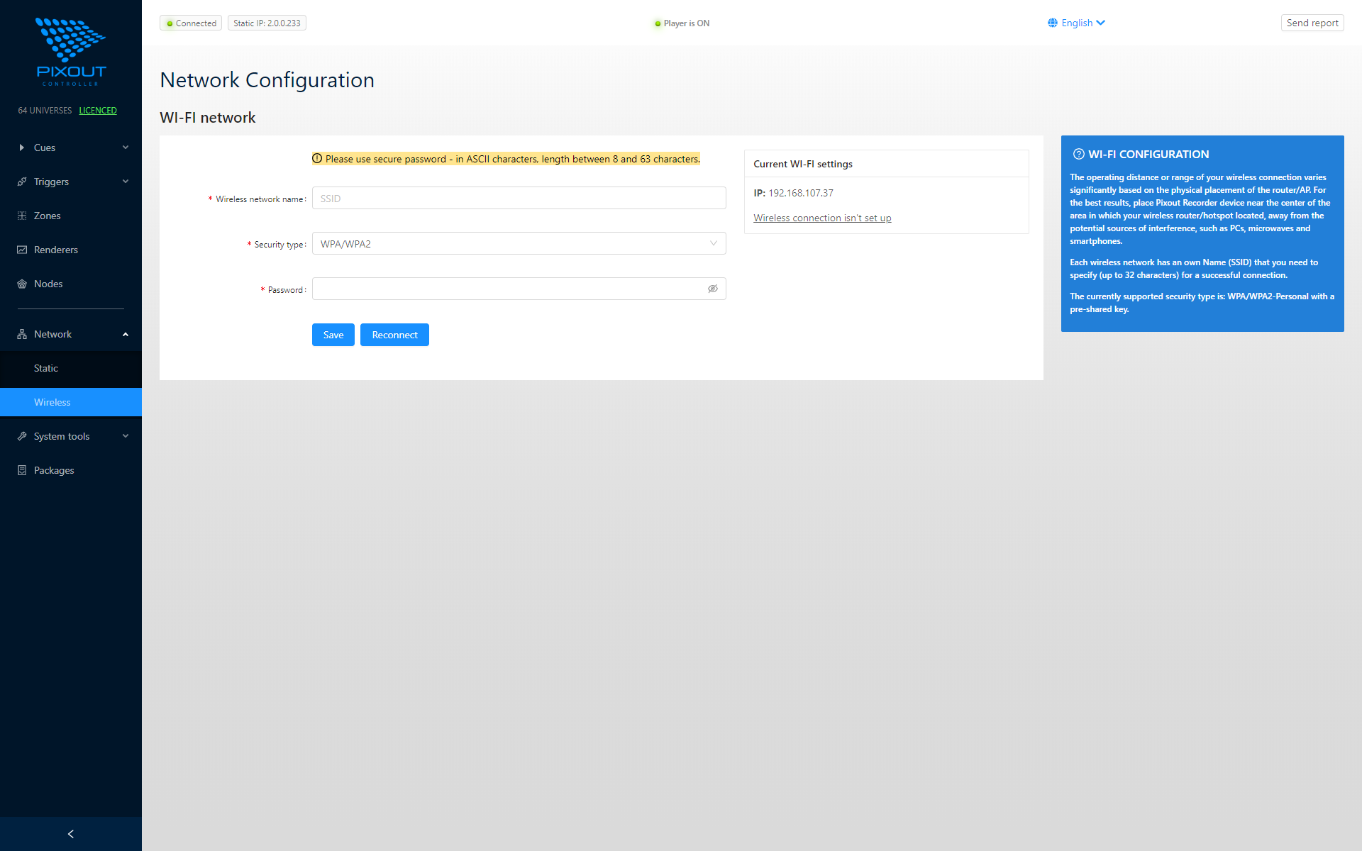 Wireless connection settings